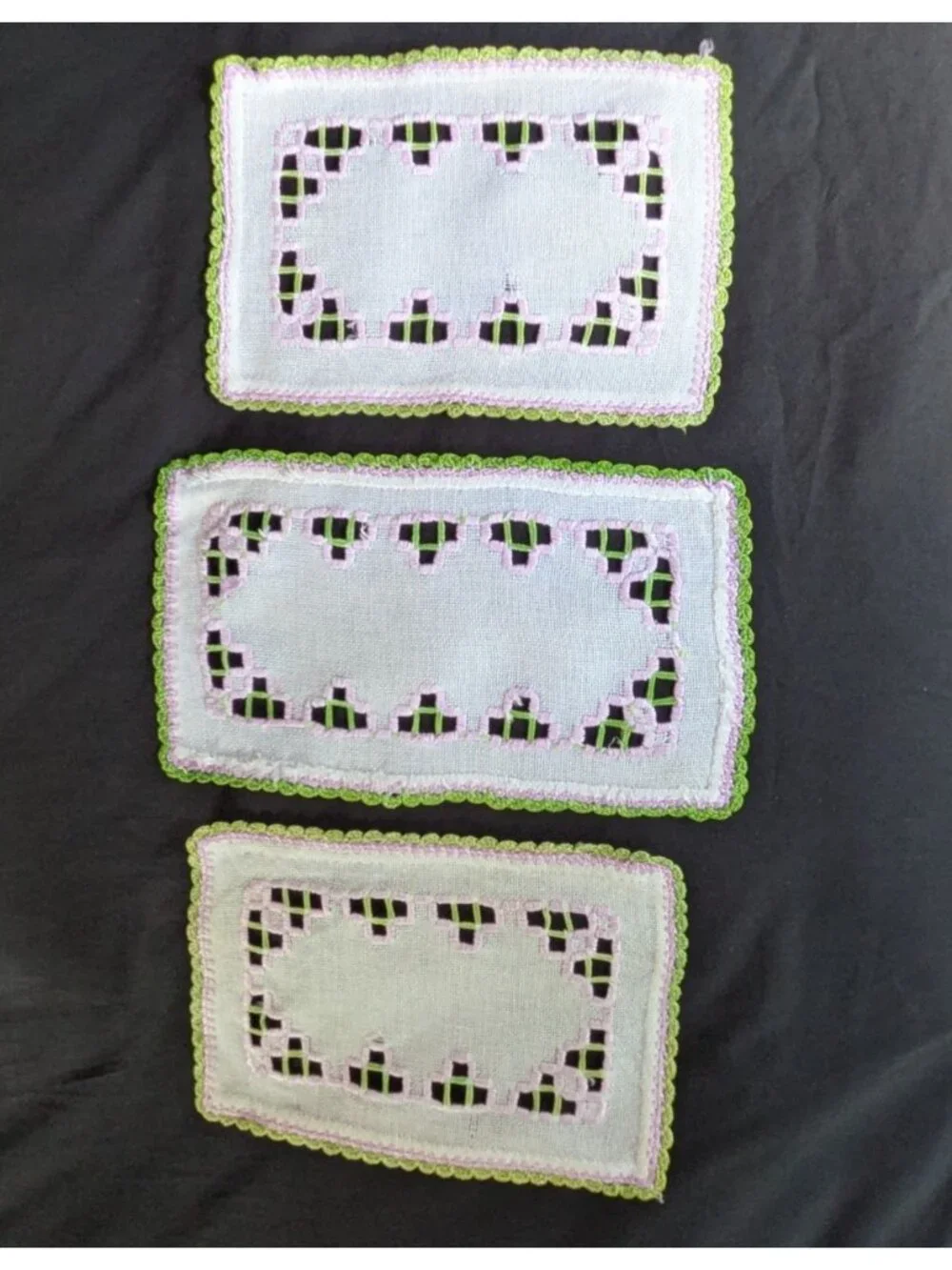 Vtg Doily Dresser Scarf Set of 3 Crochet Edge Embroidered Cut Outs White Linen